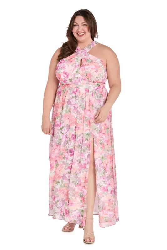 Ivory Blossom Cross Neckline Halter Dress with Panel Waistband - Plus sold by R&M Richards