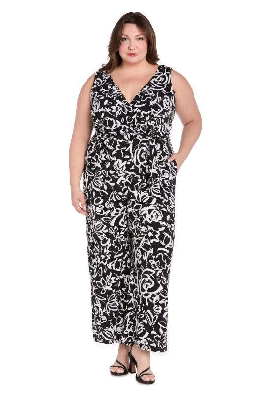 Chic Versatility: Black & White Patterned Cross-Over Jumpsuit - Plus sold by R&M Richards