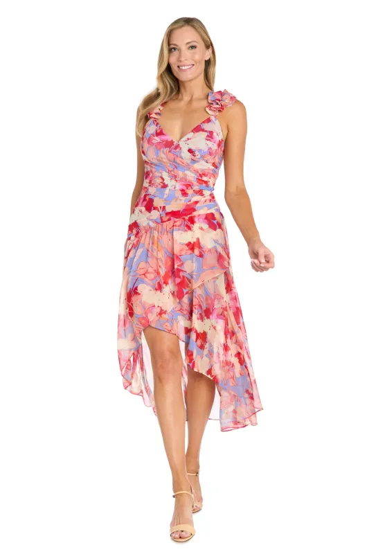 High-Low Midi Dress in Coral Tones with Side Pleats and Ruffle Straps - Petite sold by R&M Richards