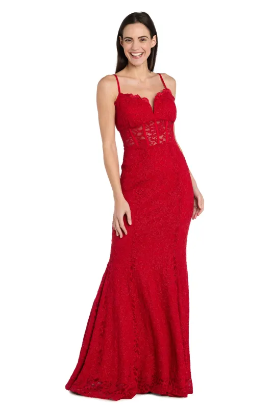 Long Red Lace Dress with Illusion Corset sold by R&M Richards