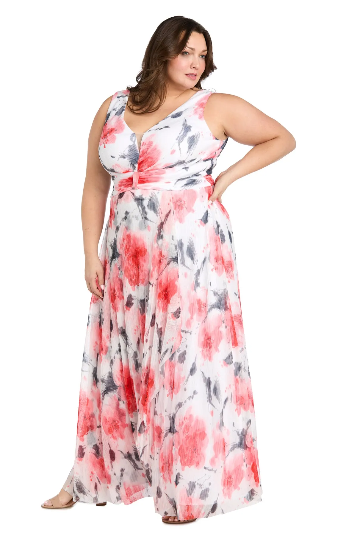 Coral and Ivory Chiffon Maxi Dress with Nude V-Neck Insert - Plus sold by R&M Richards product image thumbnail 5