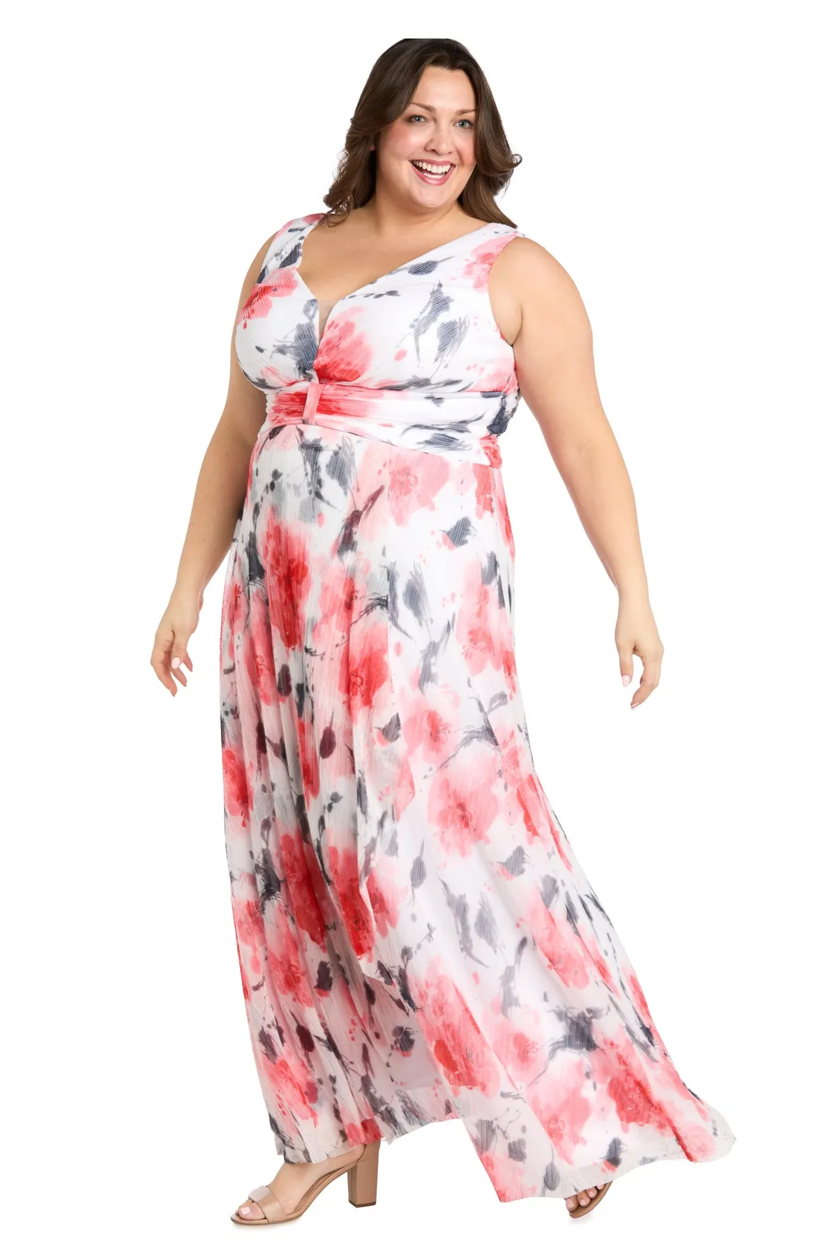 Coral and Ivory Chiffon Maxi Dress with Nude V-Neck Insert - Plus sold by R&M Richards product image thumbnail 4