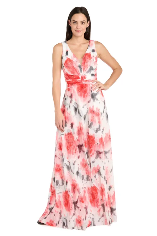 Coral and Ivory Chiffon Maxi Dress with Nude V-Neck Insert sold by R&M Richards