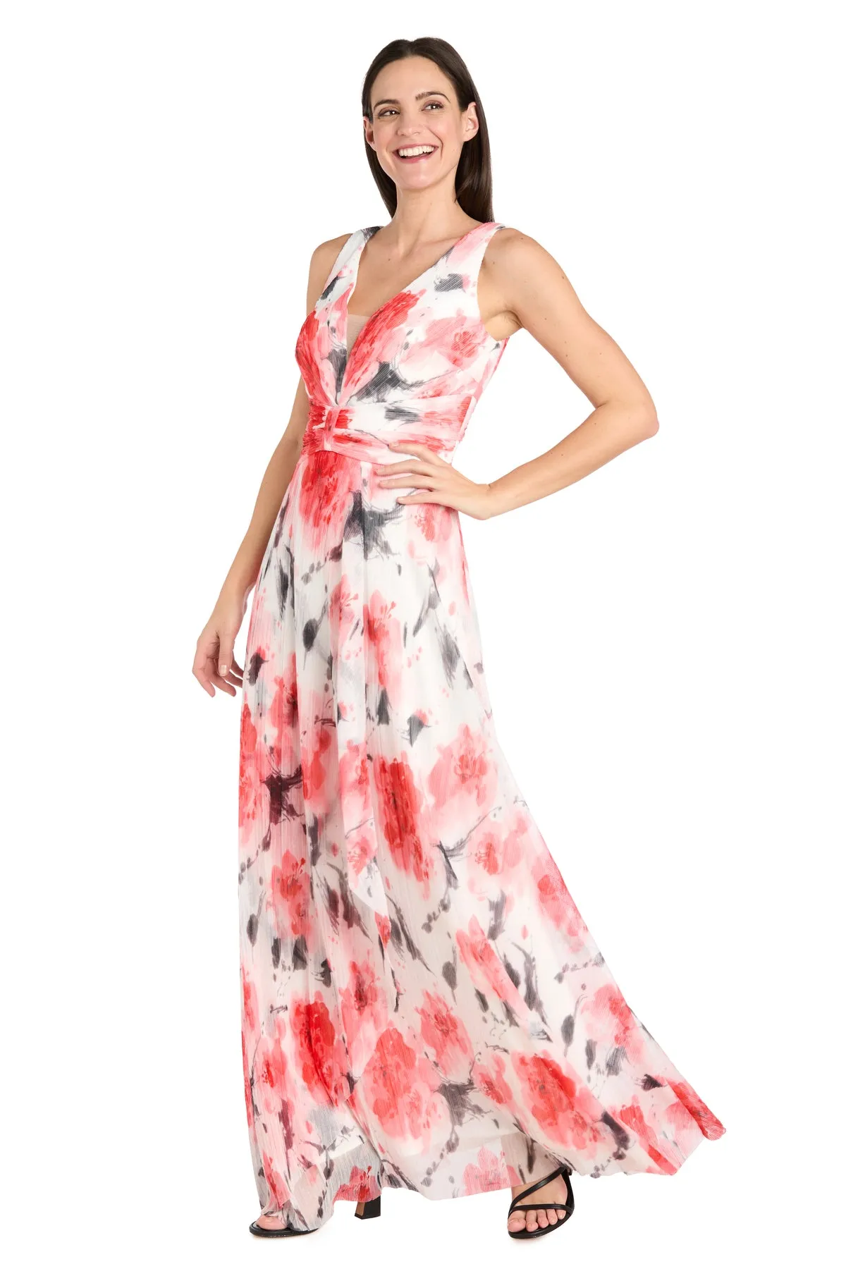 Coral and Ivory Chiffon Maxi Dress with Nude V-Neck Insert sold by R&M Richards product image thumbnail 4