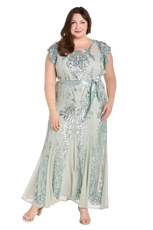 Sage Sequin Godet Gown with Satin Bow - Plus sold by R&M Richards