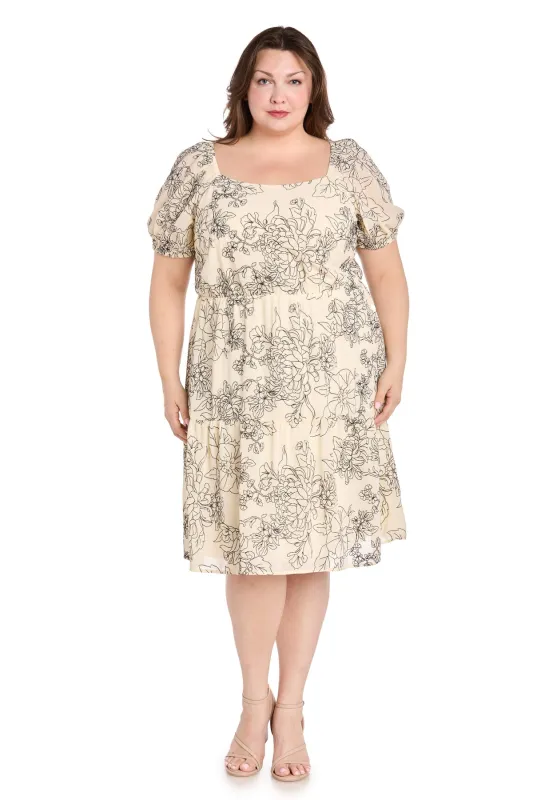 Ivory & Black Floral Linen Puff Sleeve Dress - Plus sold by R&M Richards