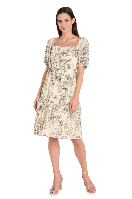 Ivory & Black Floral Linen Puff Sleeve Dress made by R&M Richards
