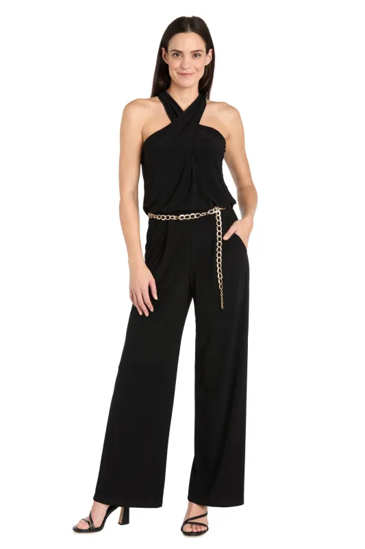 Criss-Cross Halter Jumpsuit with Gold Chain Belt sold by R&M Richards