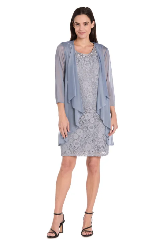 Floral Lace Dress with Sheer Chiffon Jacket & Pearl Neckline sold by R&M Richards