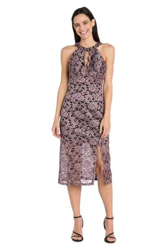 Lace Illusion High-Neck Midi Dress sold by R&M Richards
