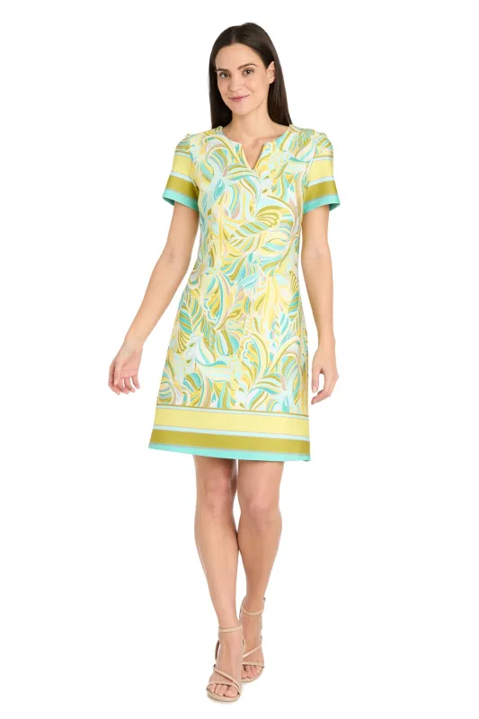 Yellow & Aqua Patterned Scuba Crepe Mini Dress sold by R&M Richards