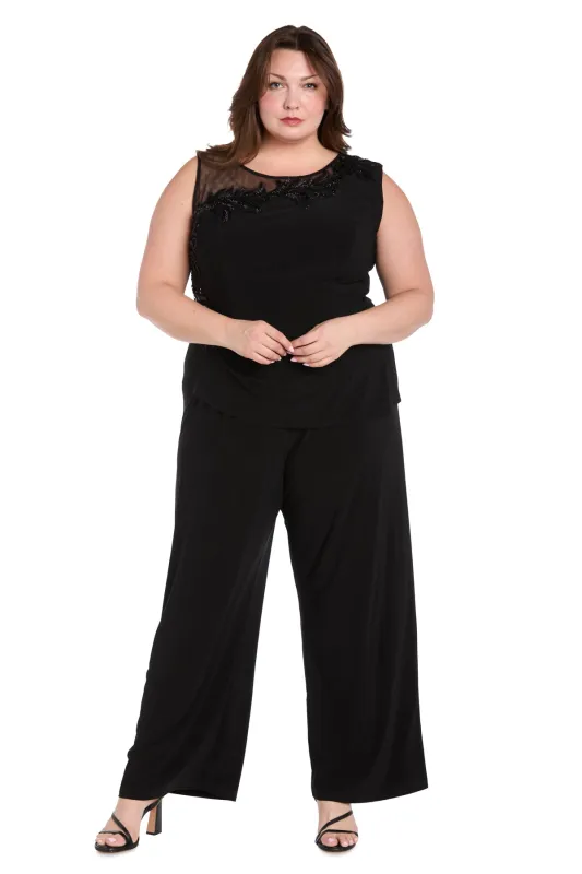 Embellished Black Jumpsuit with Floral Sequins and Sheer Chiffon Accent - Plus sold by R&M Richards