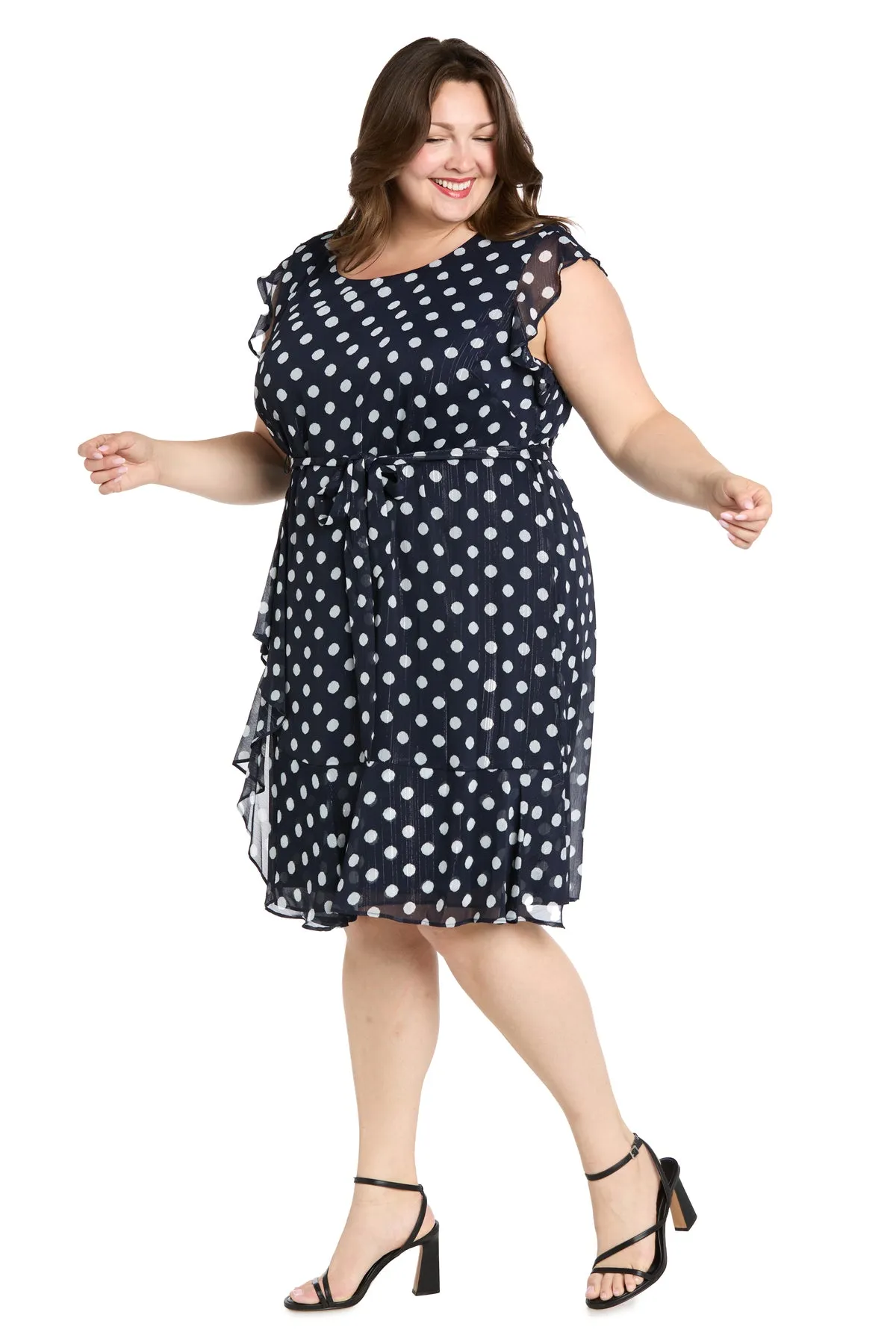 Polka Dot Chiffon Dress with Ruffled Sleeves and Corkscrew Waist Detail - Plus sold by R&M Richards