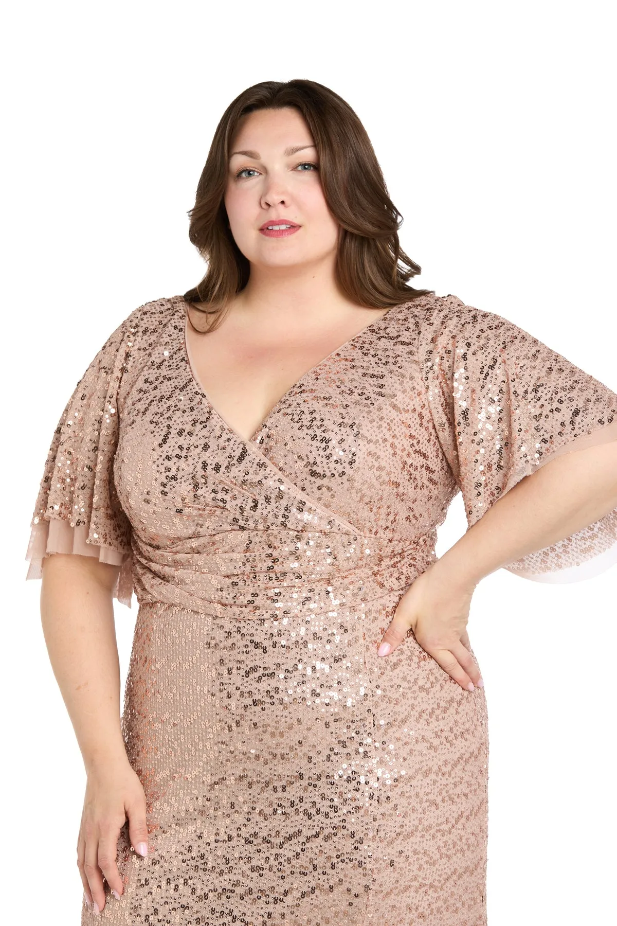 Rose Gold Sequin Gown with Flutter Sleeves - Plus sold by R&M Richards product image thumbnail 3