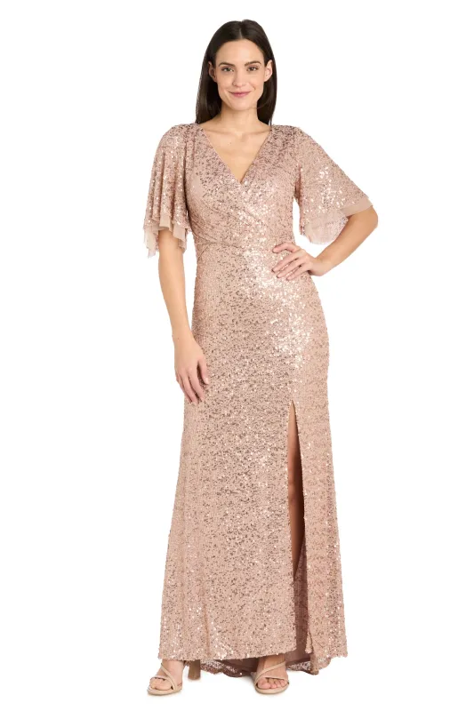 Rose Gold Sequin Gown with Flutter Sleeves sold by R&M Richards