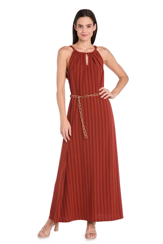 Terracotta Maxi Dress with Gold Chain Belt sold by R&M Richards
