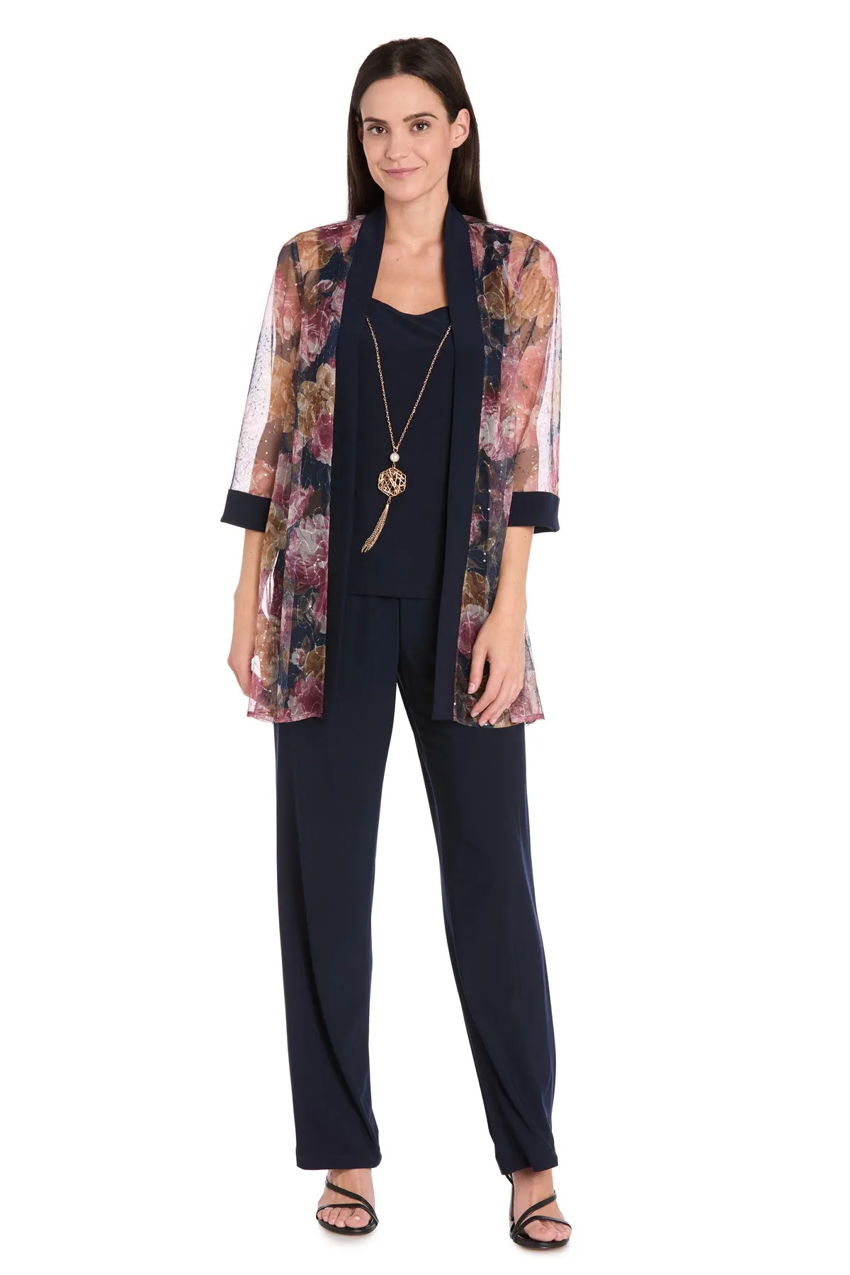 Elegant Black ITY Pant Set with Floral Sheer Jacket sold by R&M Richards