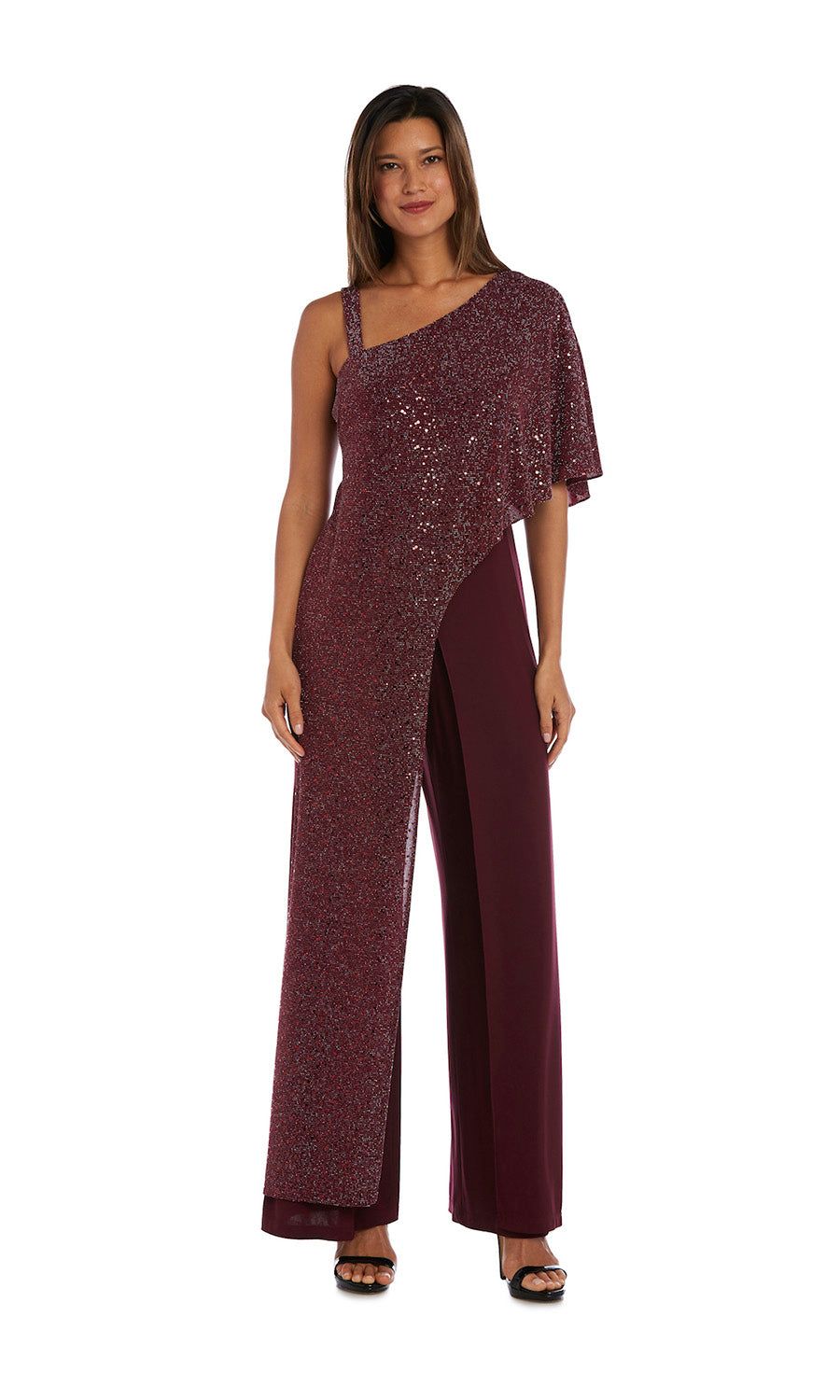 Asymmetric Jumpsuit with Sequined Overlay and Draped Shoulder - Petite sold by R&M Richards