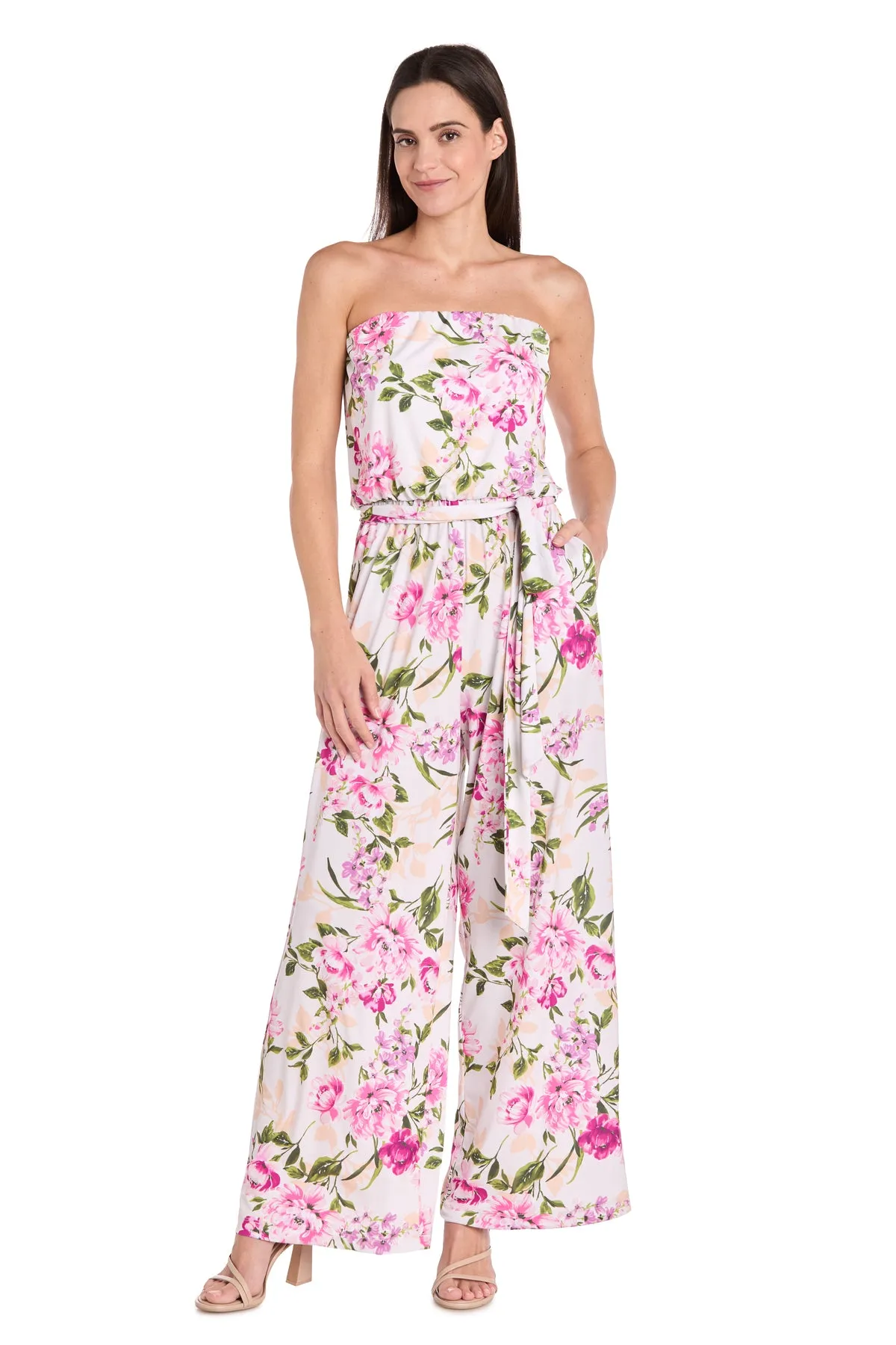 Strapless Pink & Green Floral Jumpsuit with Bow Tie Waist sold by R&M Richards product image thumbnail 5
