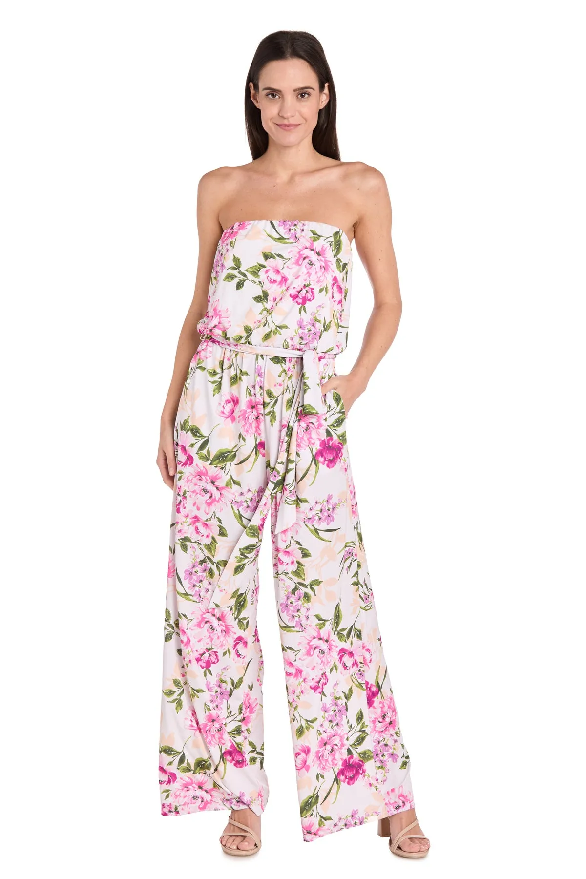 Strapless Pink & Green Floral Jumpsuit with Bow Tie Waist sold by R&M Richards