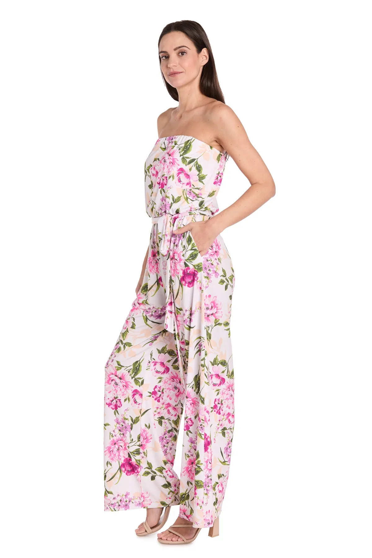 Strapless Pink & Green Floral Jumpsuit with Bow Tie Waist sold by R&M Richards product image thumbnail 4