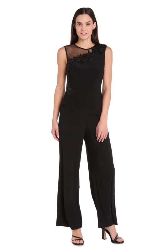 Embellished Black Jumpsuit with Floral Sequins and Sheer Chiffon Accent sold by R&M Richards
