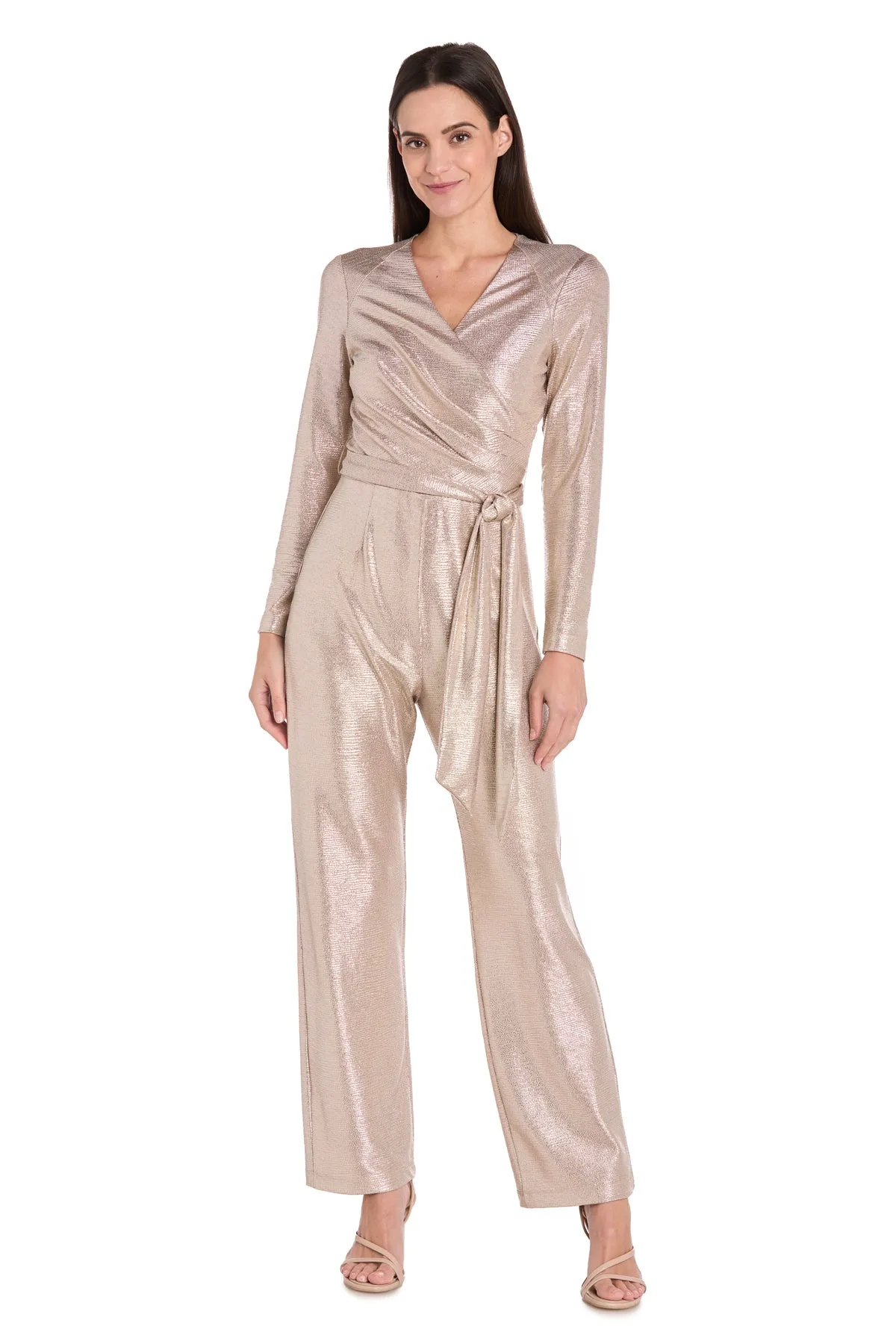 Metallic Pleated Long-Sleeve Jumpsuit with Tie Waist sold by R&M Richards