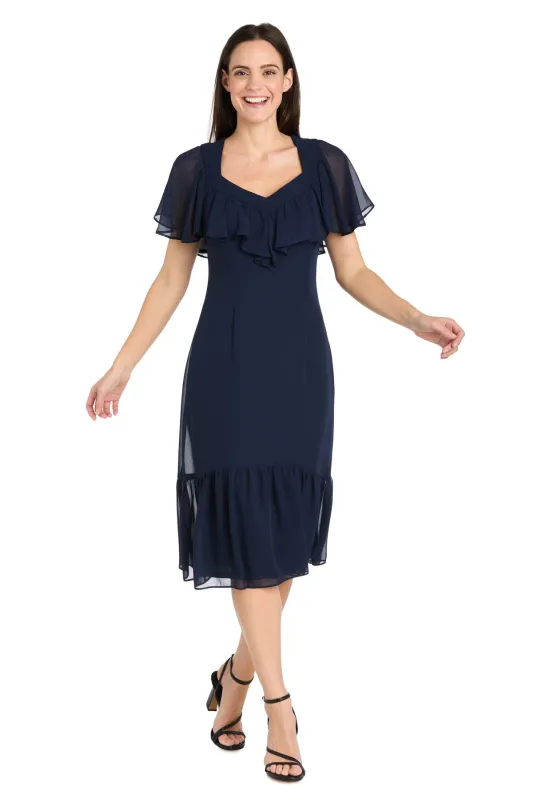 Elegant Midi Chiffon Dress with Ruffle Top and Chiffon Caplet - Petite sold by R&M Richards