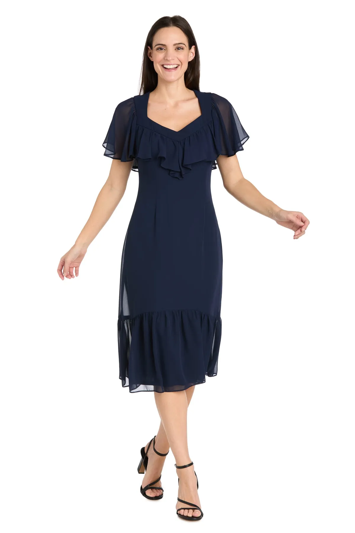Elegant Midi Chiffon Dress with Ruffle Top and Chiffon Caplet - Petite sold by R&M Richards