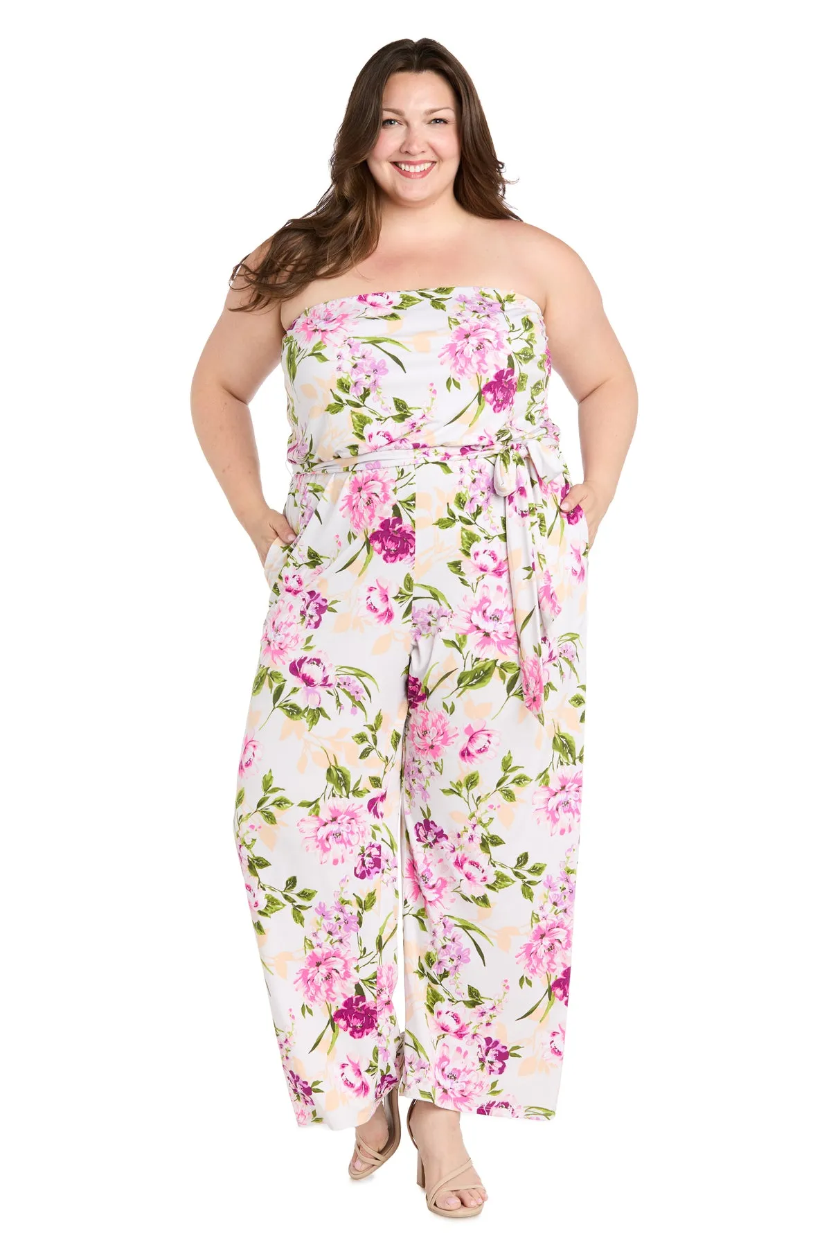 Strapless Pink & Green Floral Jumpsuit with Bow Tie Waist - Plus sold by R&M Richards