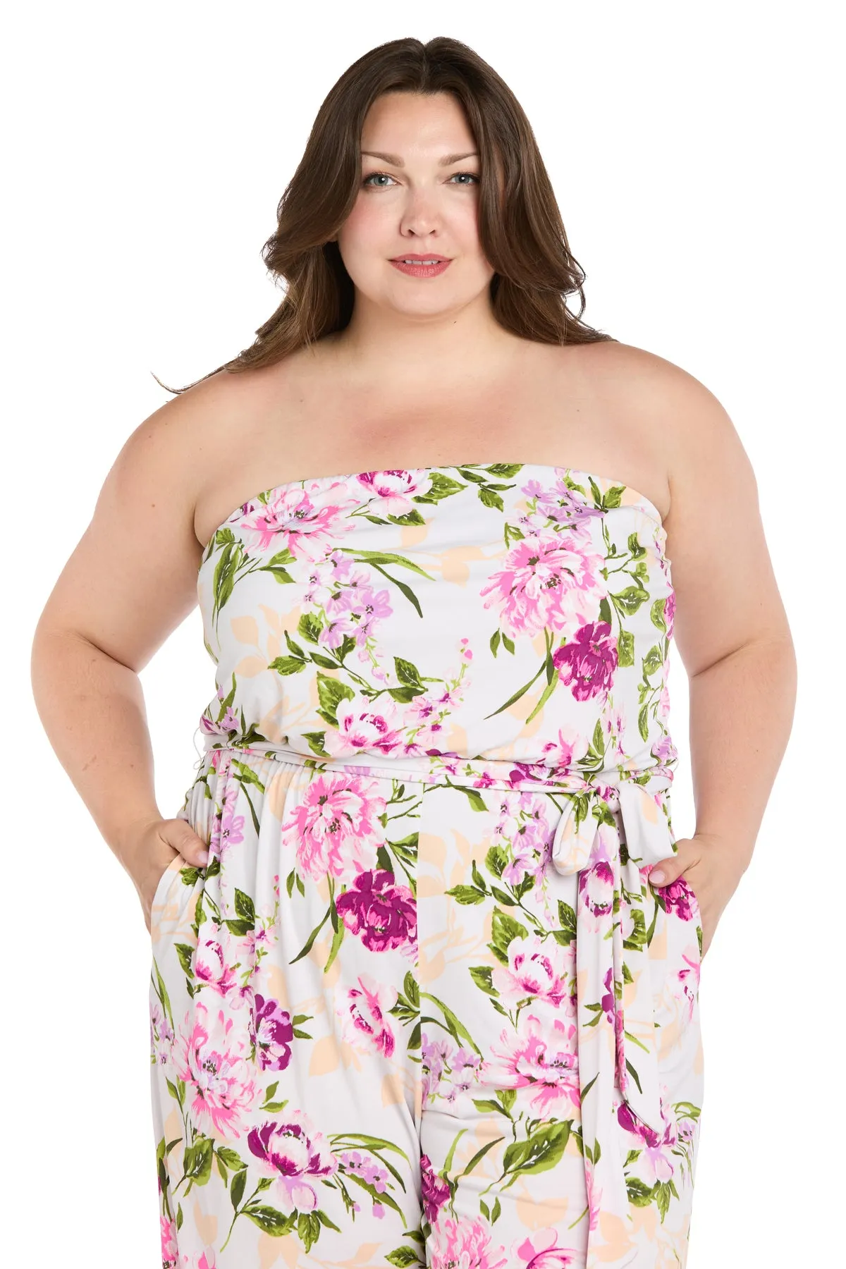 Strapless Pink & Green Floral Jumpsuit with Bow Tie Waist - Plus sold by R&M Richards product image thumbnail 3