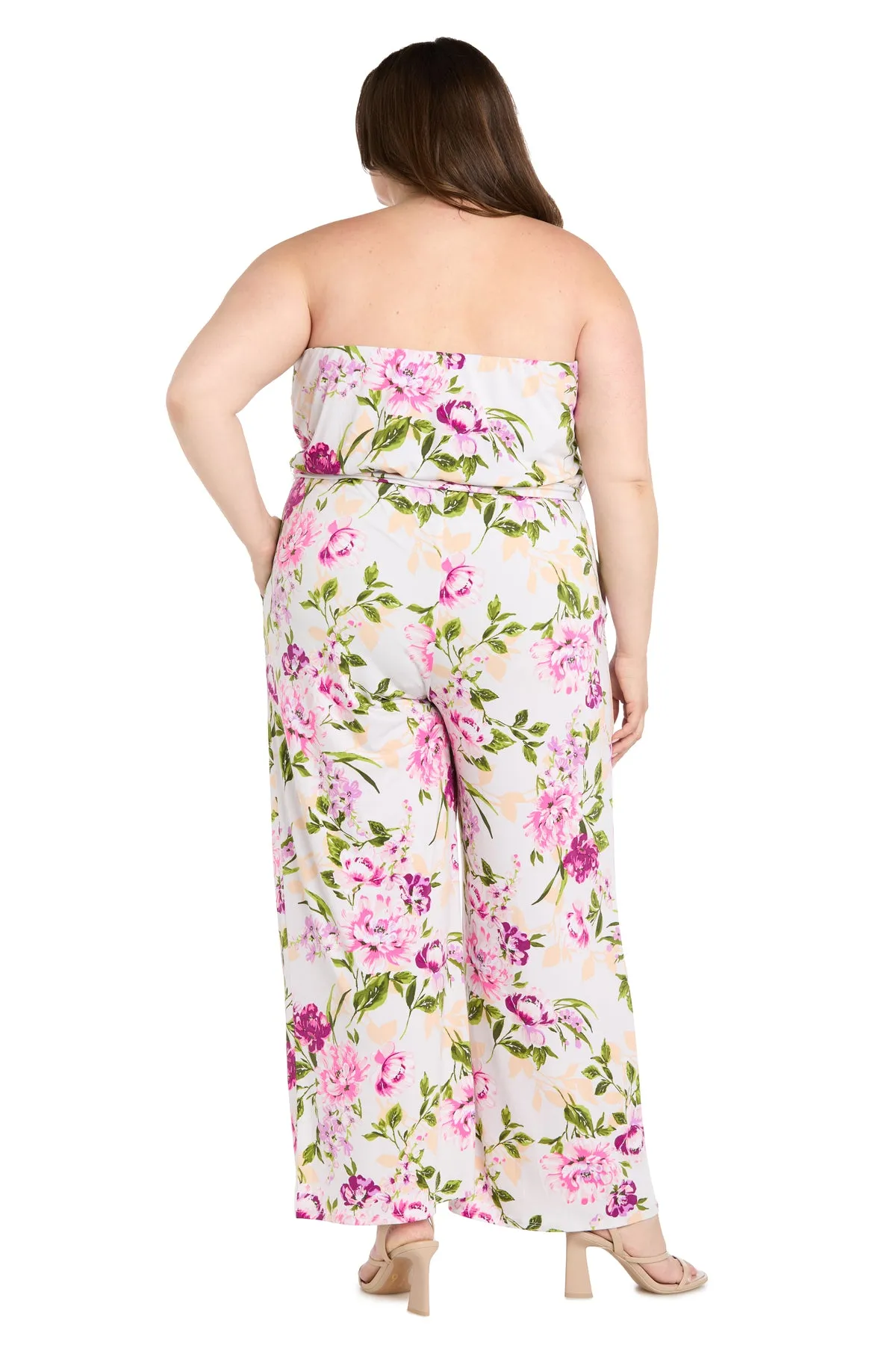 Strapless Pink & Green Floral Jumpsuit with Bow Tie Waist - Plus sold by R&M Richards product image thumbnail 2