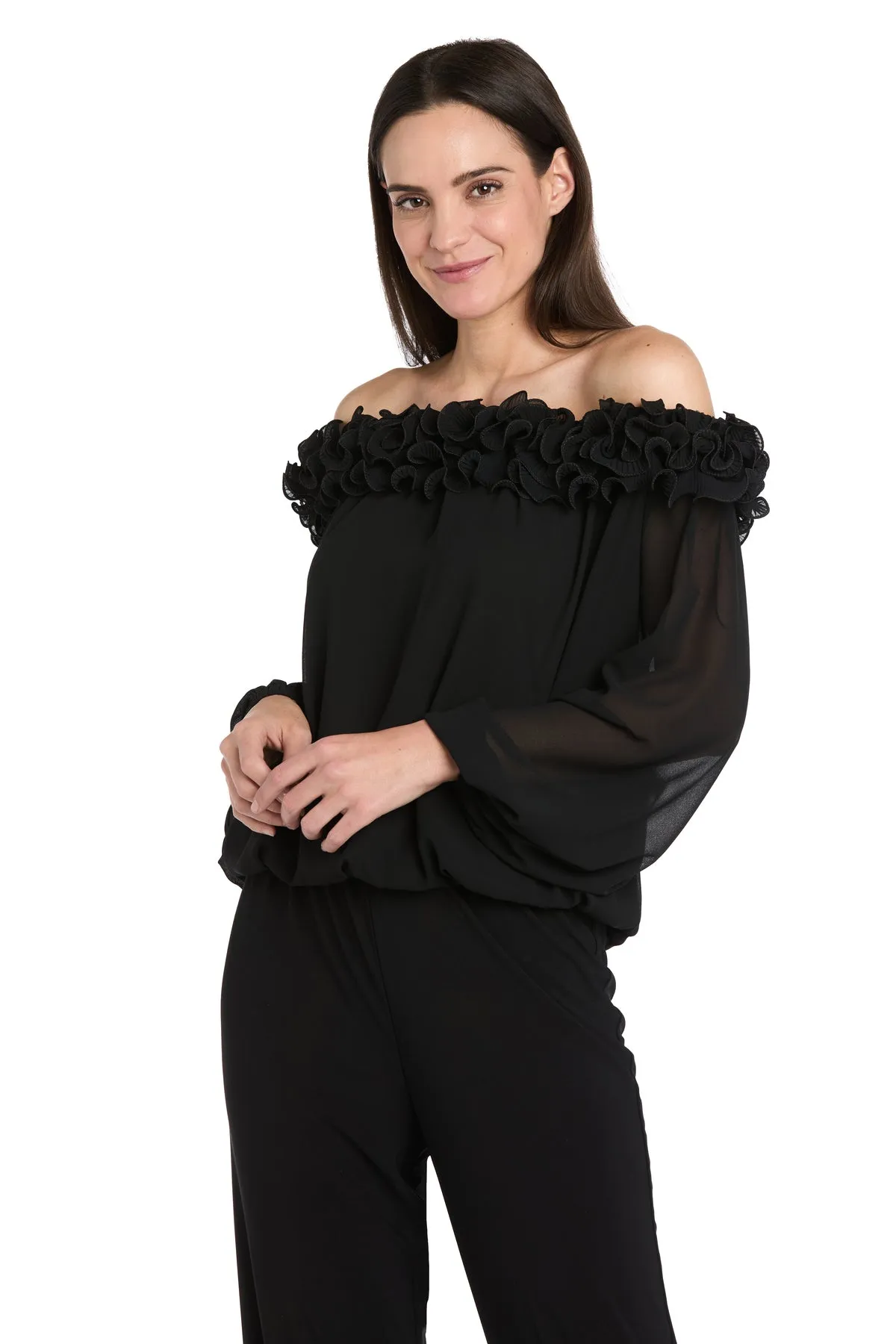 Sheer Off-the-Shoulder Chiffon Top with Ruffled Neckline sold by R&M Richards