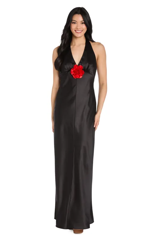 Black Satin Dress with Red Flower Detail sold by R&M Richards