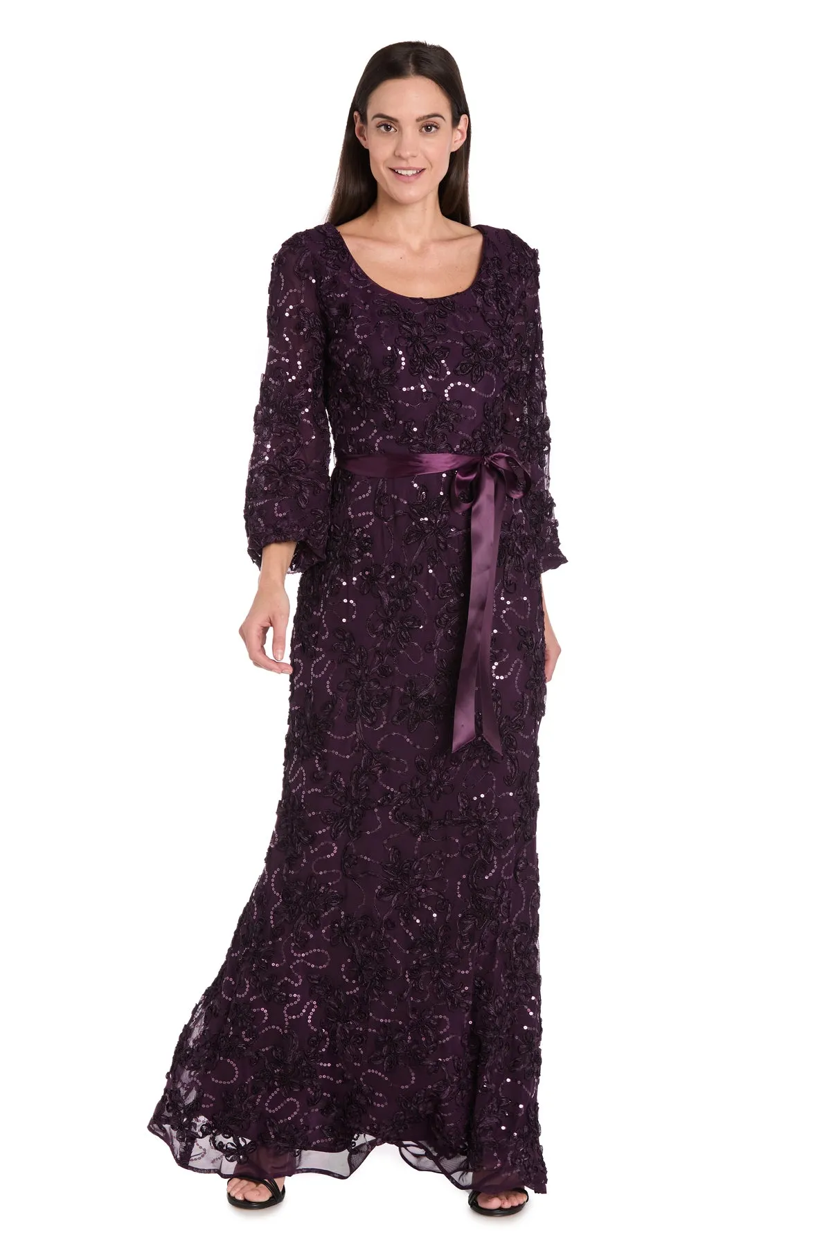 3D Floral V-Neck Evening Gown with Balloon Sleeves and Satin Waist Bow - Petite sold by R&M Richards