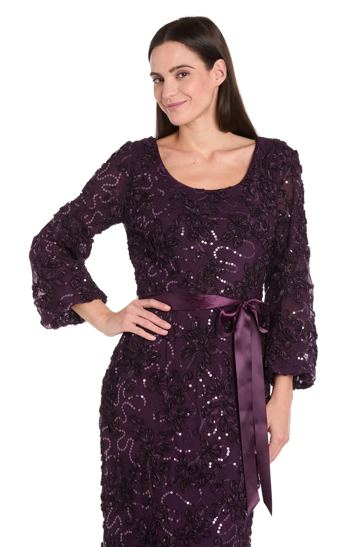 3D Floral V-Neck Evening Gown with Balloon Sleeves and Satin Waist Bow - Petite sold by R&M Richards product image thumbnail 3