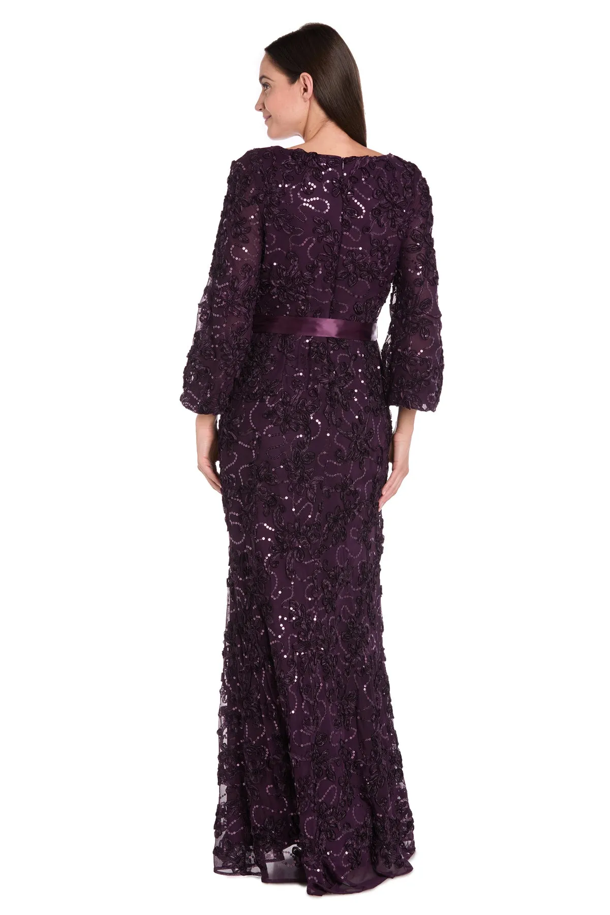 3D Floral V-Neck Evening Gown with Balloon Sleeves and Satin Waist Bow - Petite sold by R&M Richards product image thumbnail 2