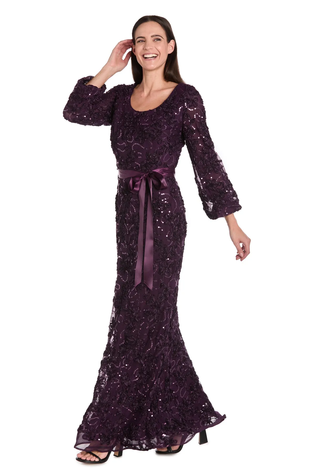 3D Floral V-Neck Evening Gown with Balloon Sleeves and Satin Waist Bow - Petite sold by R&M Richards product image thumbnail 4