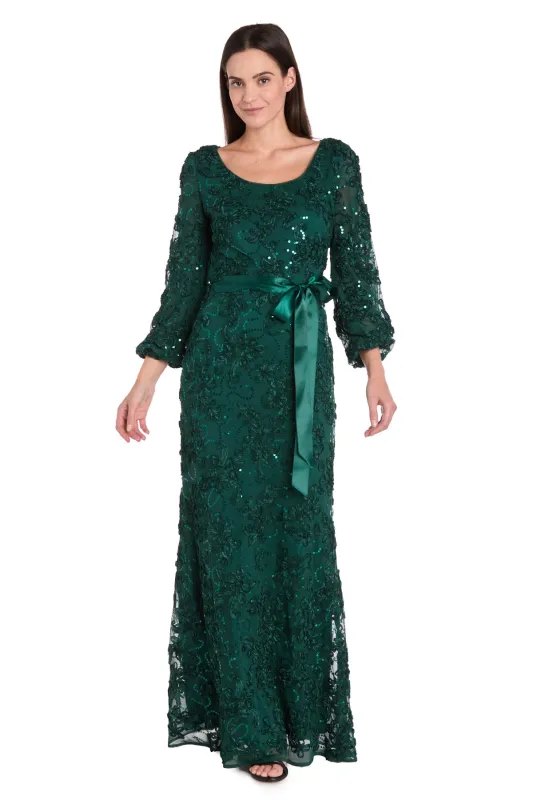 3D Floral V-Neck Evening Gown with Balloon Sleeves and Satin Waist Bow sold by R&M Richards
