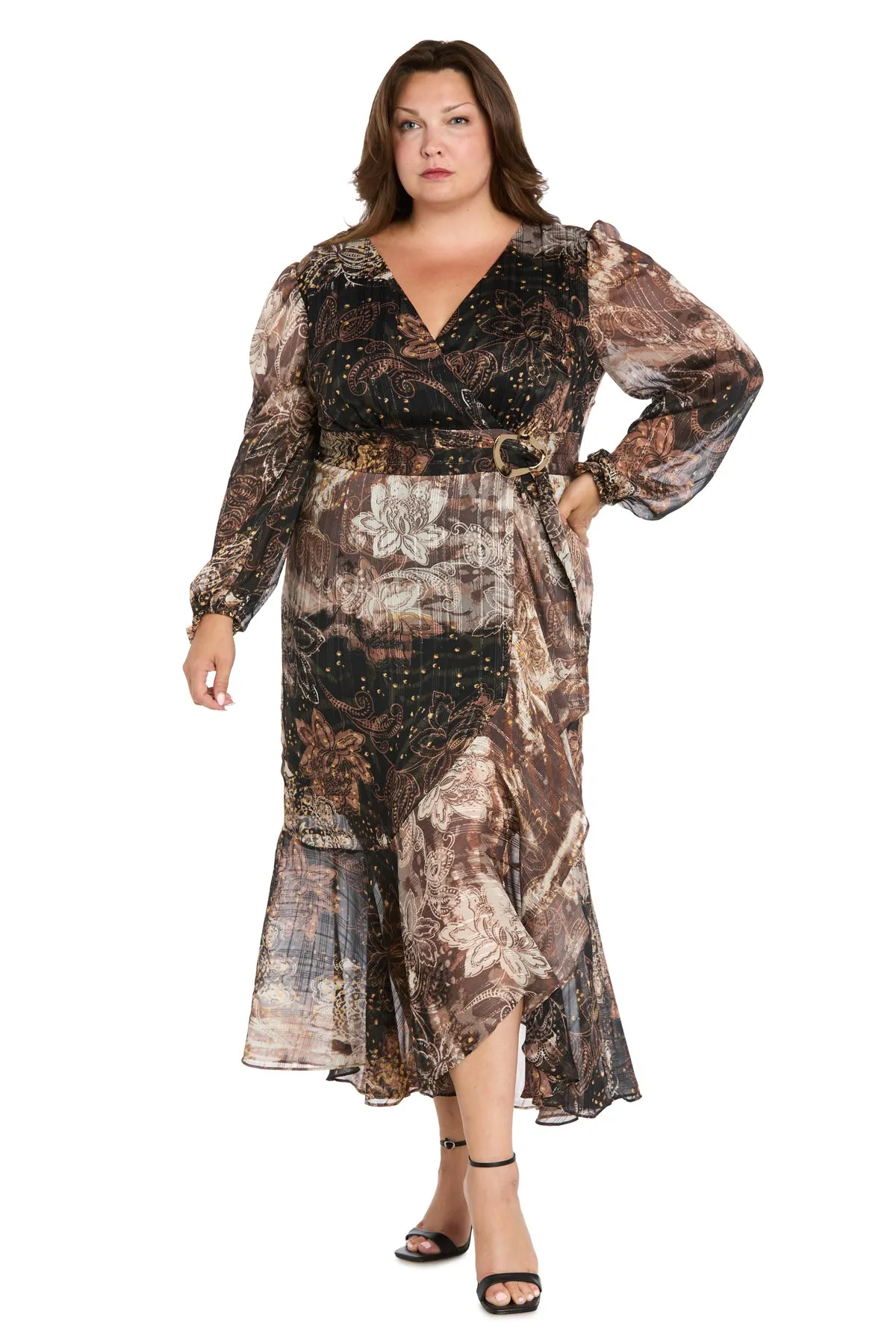 Brown Patterned Midi Dress with Gold Waist Pendant - Plus sold by R&M Richards