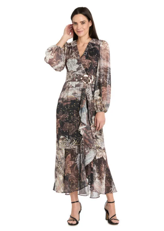 Brown Patterned Midi Dress with Gold Waist Pendant sold by R&M Richards