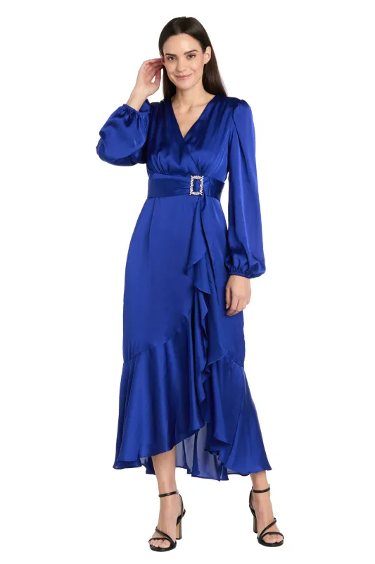 Satin Dress with Bell Sleeves and Rhinestone Buckle Belt sold by R&M Richards
