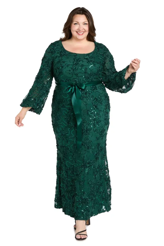 3D Floral V-Neck Evening Gown with Balloon Sleeves and Satin Waist Bow - Plus made by R&M Richards