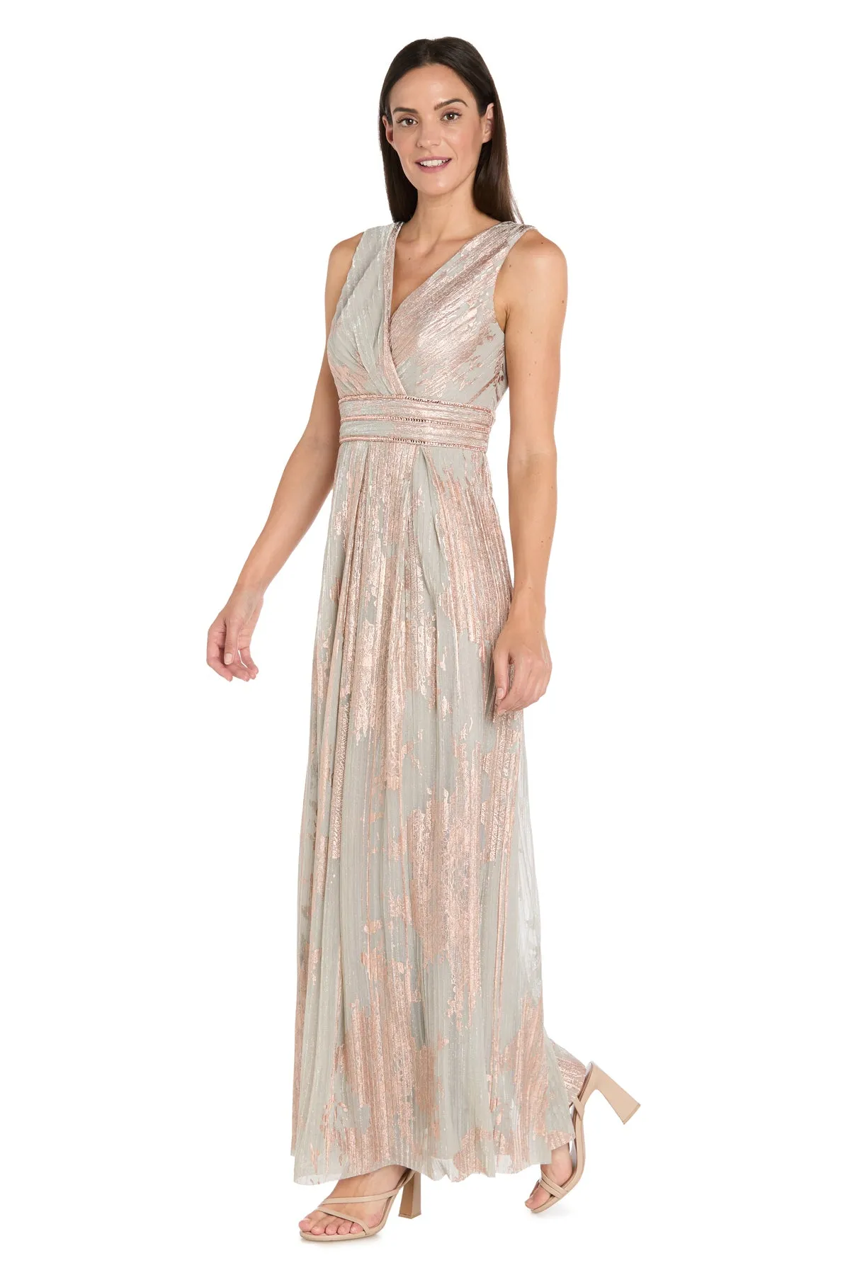 Glam V-Neck Metallic Gown with Rhinestone Waist Detail sold by R&M Richards