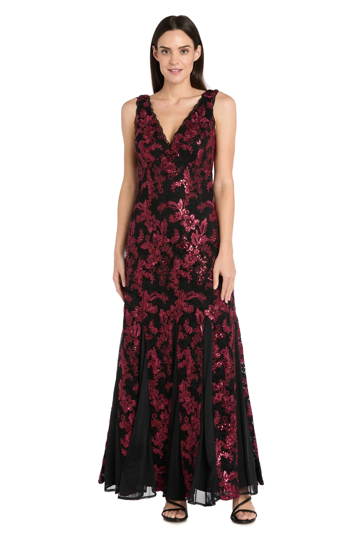 Embroidered Brocade V-Neck Gown with Chiffon Inserts & Lace Trim - Petite sold by R&M Richards product image thumbnail 4