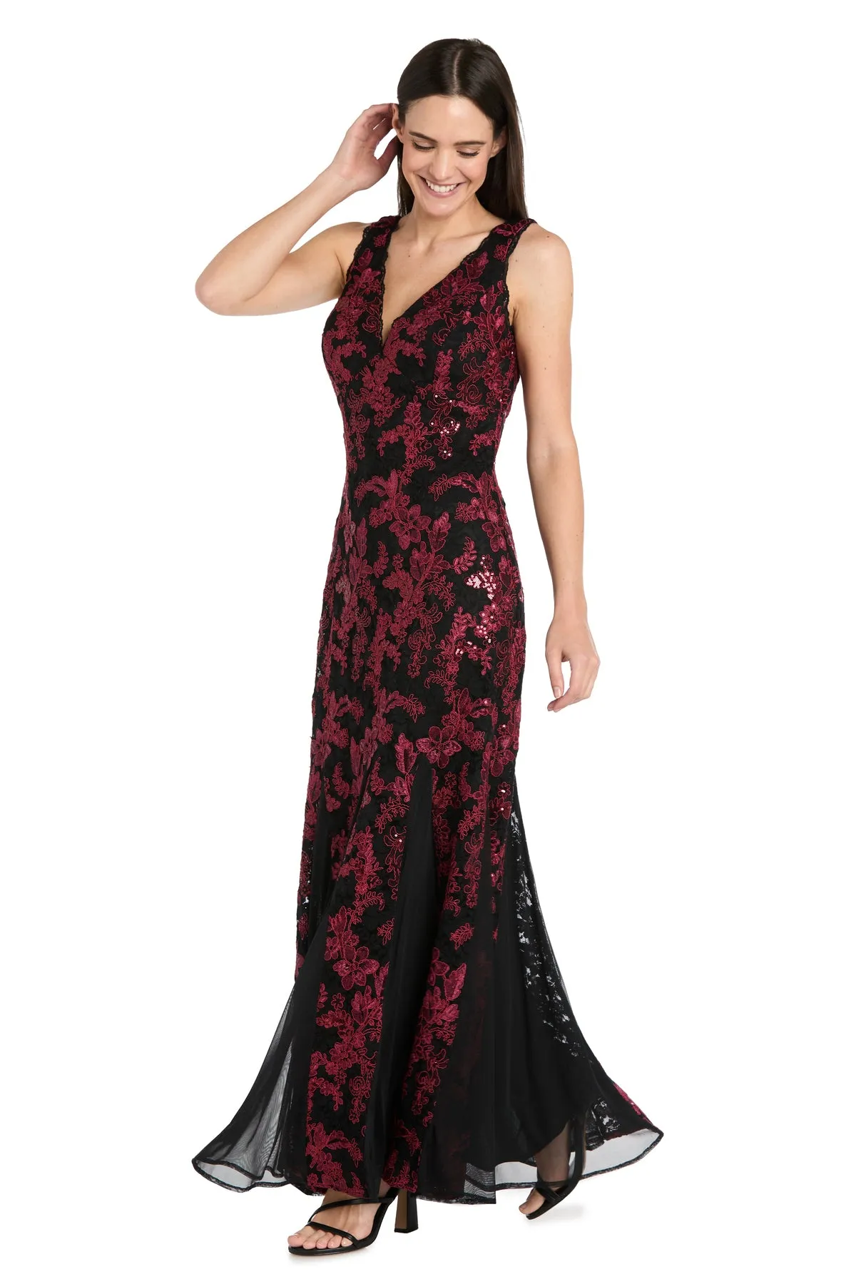 Embroidered Brocade V-Neck Gown with Chiffon Inserts & Lace Trim - Petite sold by R&M Richards