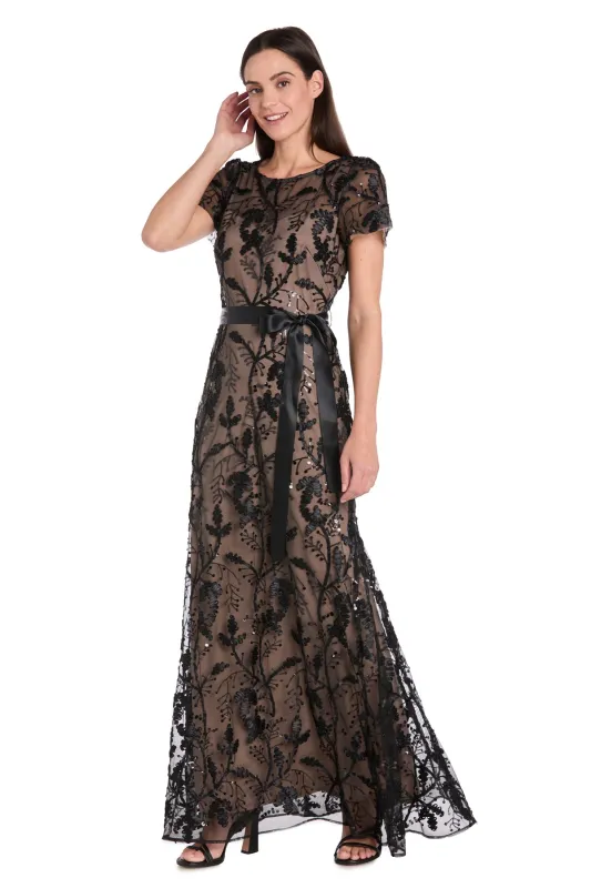 Long Black & Nude Sheer Floral Embroidered Dress with Satin Sash sold by R&M Richards