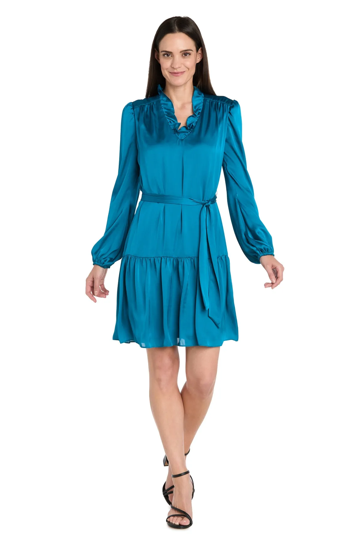 Silky Charmeuse Mini Dress with V-Neckline, Belt Sash & Long Sleeves - Petite sold by R&M Richards