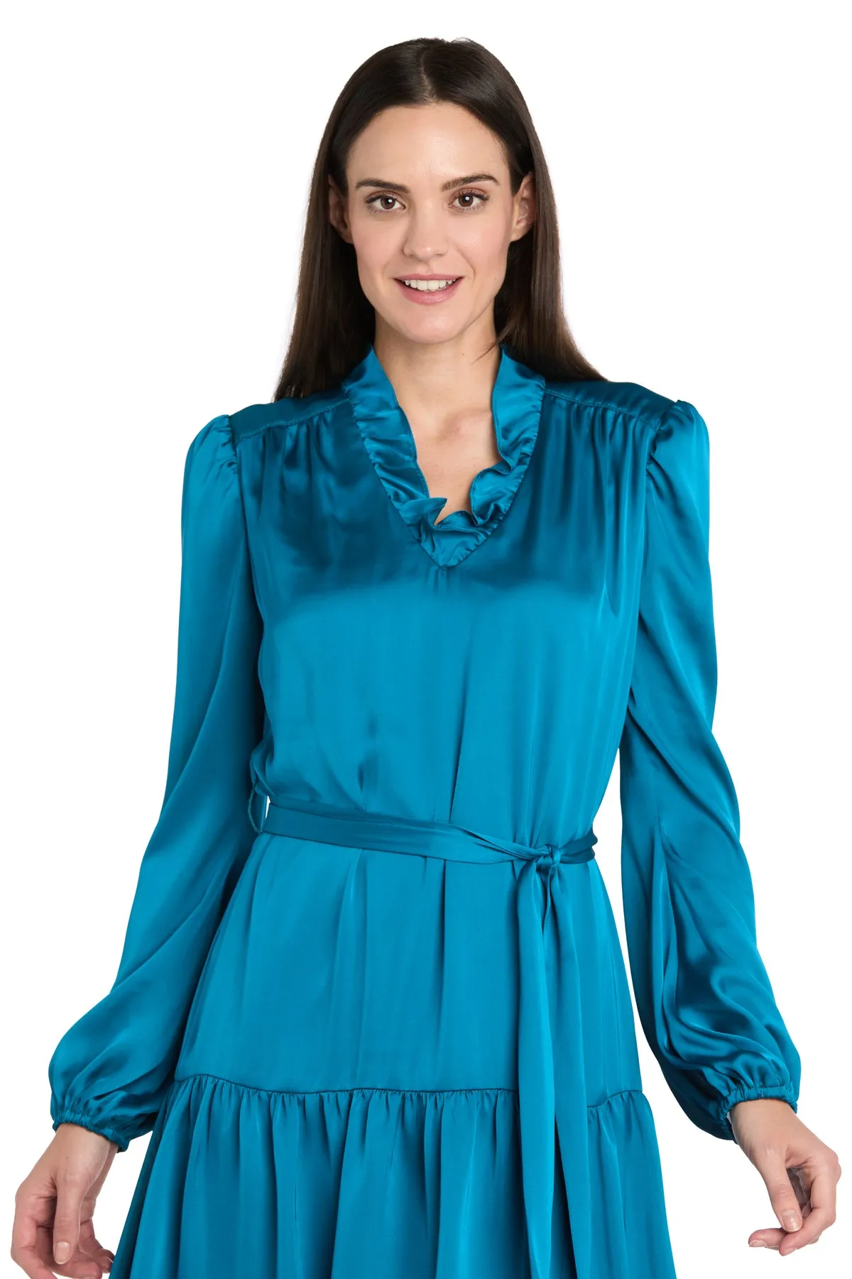 Silky Charmeuse Mini Dress with V-Neckline, Belt Sash & Long Sleeves - Petite sold by R&M Richards product image thumbnail 3