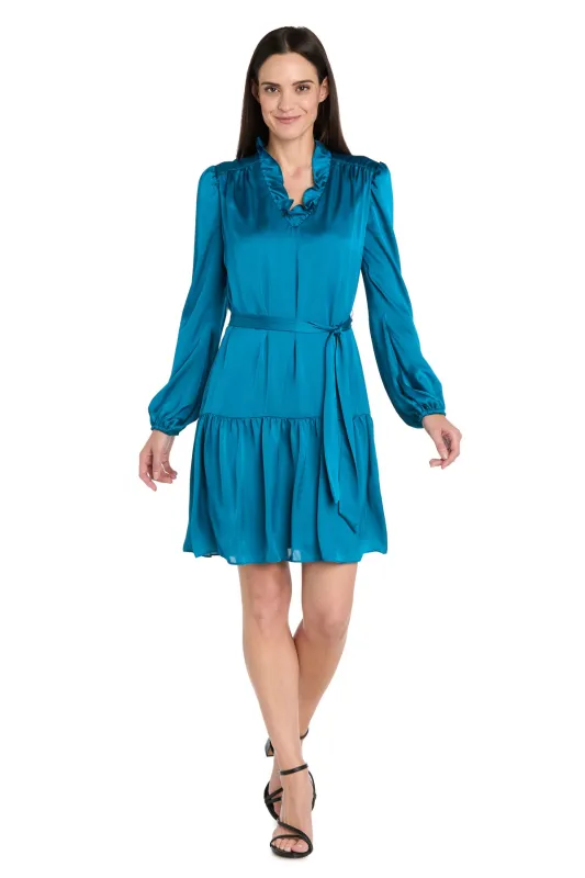 Silky Charmeuse Mini Dress with V-Neckline, Belt Sash & Long Sleeves sold by R&M Richards